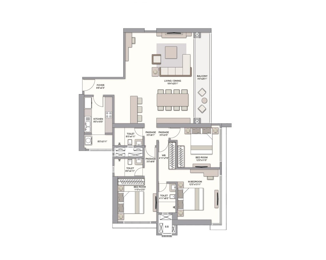  3 BHK Apartment at Prestige Jasdan Classic, Mahalaxmi – for Rent