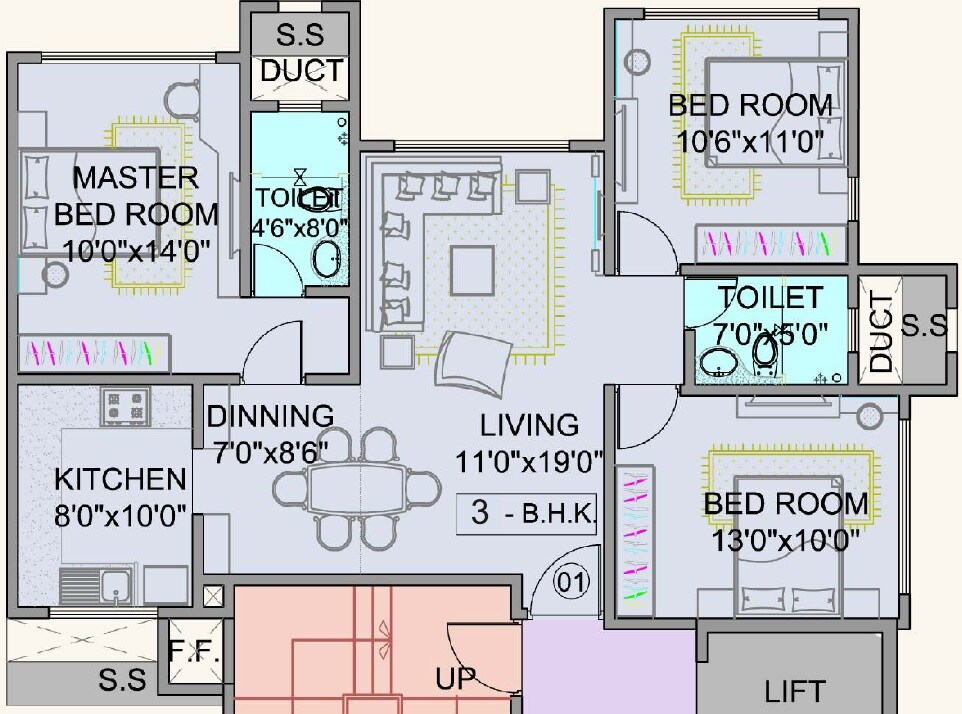 Floor plan of 3 BHK Apartment - 888 sq. ft. in Pride Park Royale, Mumbai