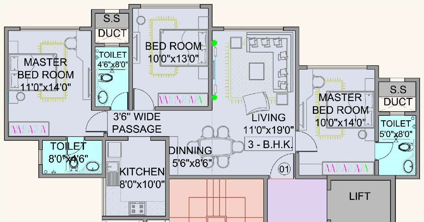 Floor plan of 3 BHK Apartment - 975 sq. ft. in Pride Park Royale, Mumbai