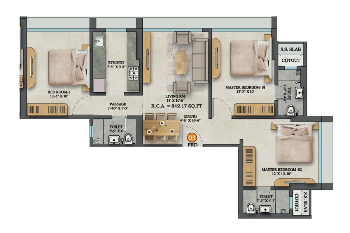 Floor plan of 3 BHK 843 Sq. Ft. Apartment in Pride Purshottam Krupa, Mumbai