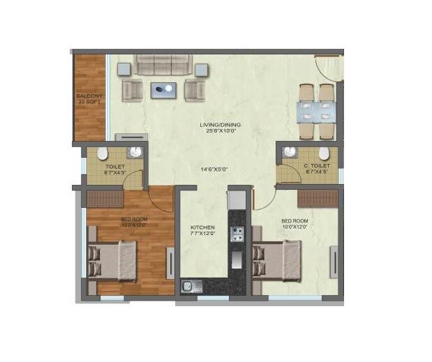 Floor plan of 2 BHK 747 Sq. Ft. Apartment in Prima Terra East Eden, Mumbai