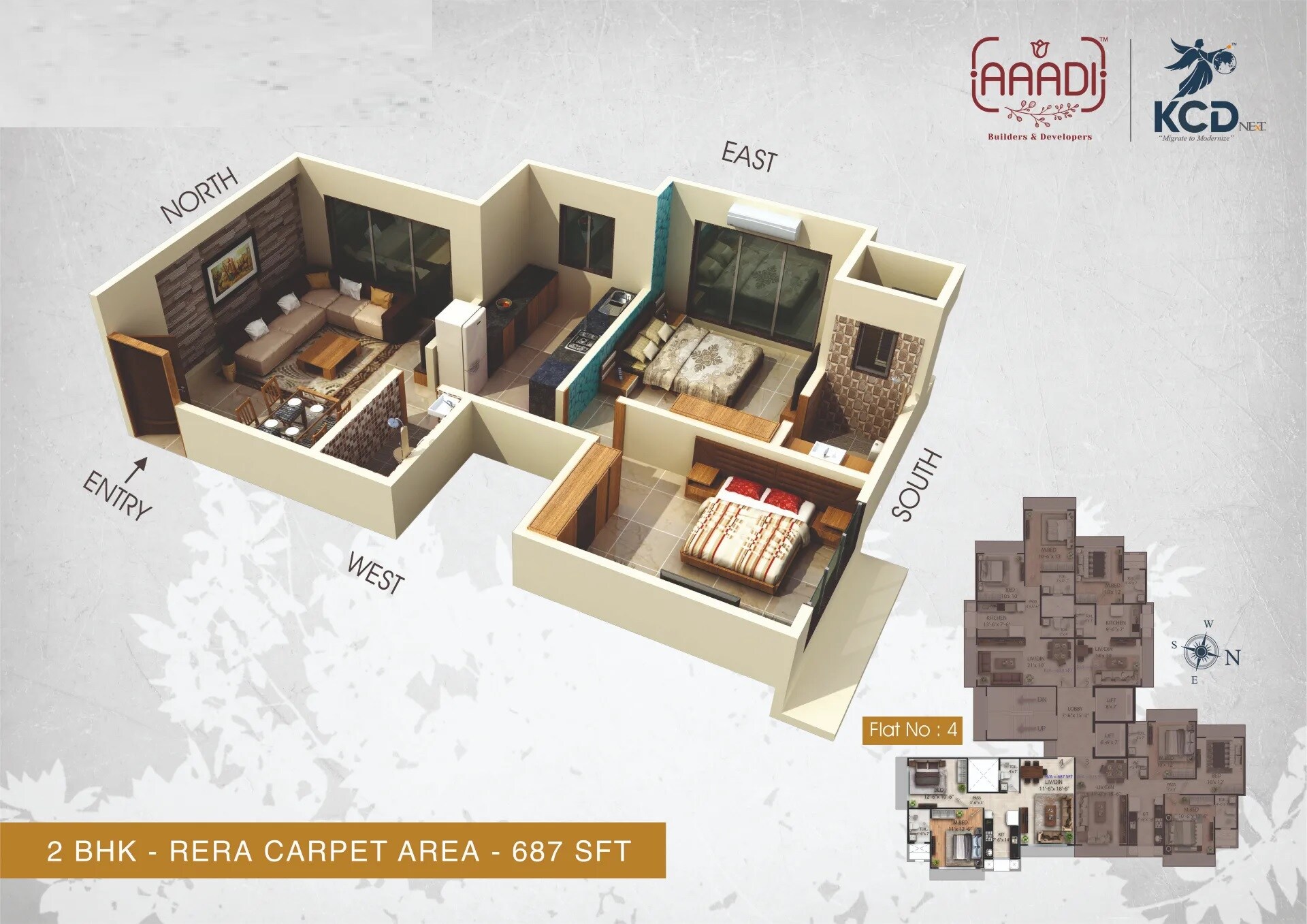 Floor plan of 2 BHK 687 Sq. Ft. Apartment in Prince KCD Heritage, Mumbai