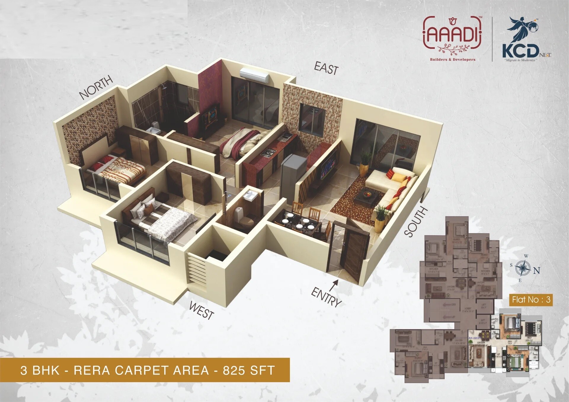 Floor plan of 3 BHK 825 Sq. Ft. Apartment in Prince KCD Heritage, Mumbai