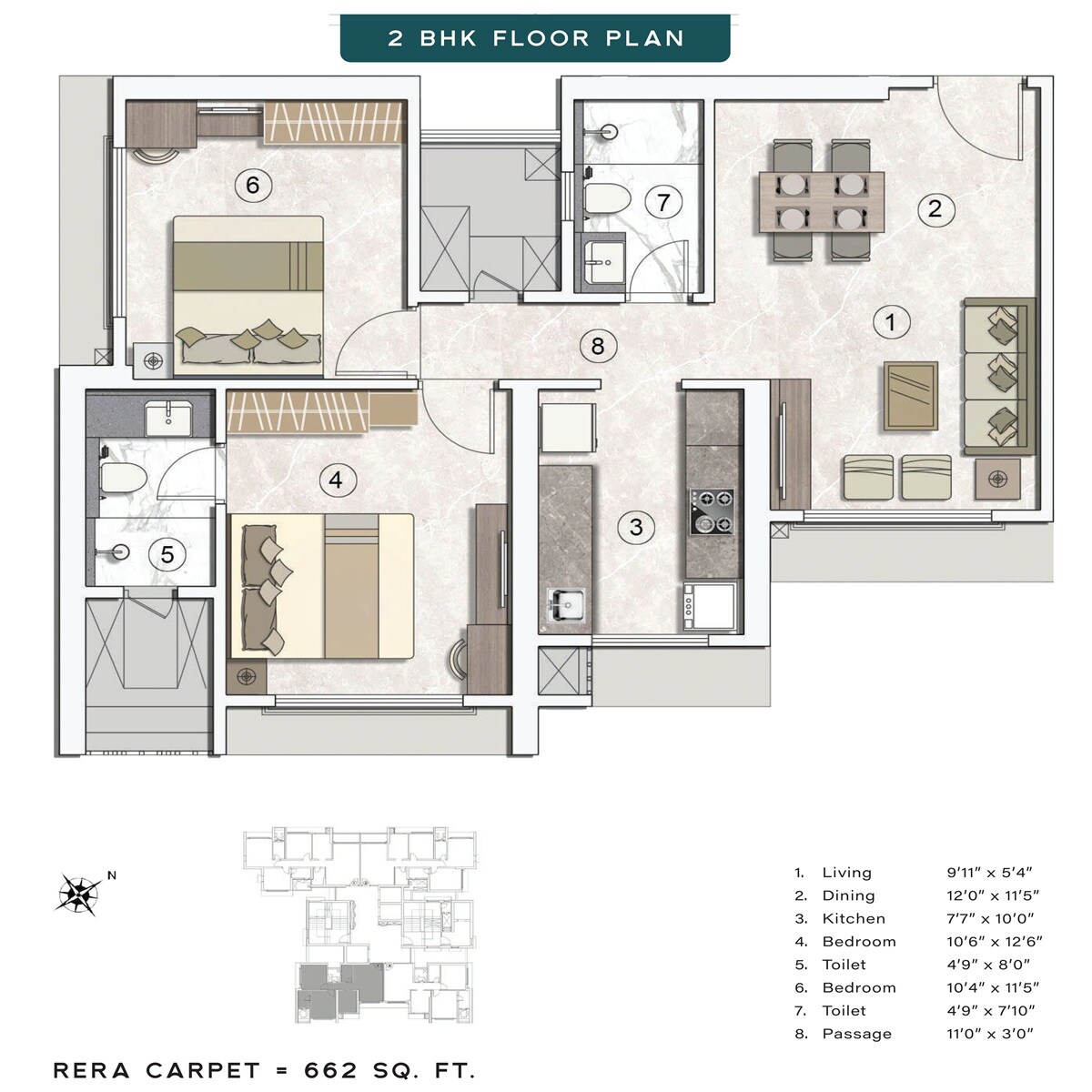 Floor plan of 2 BHK 662 Sq. Ft. Apartment in Princecare Amaraa, Mumbai
