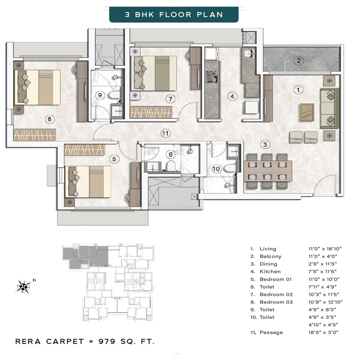 Floor plan of 3 BHK 979 Sq. Ft. Apartment in Princecare Amaraa, Mumbai