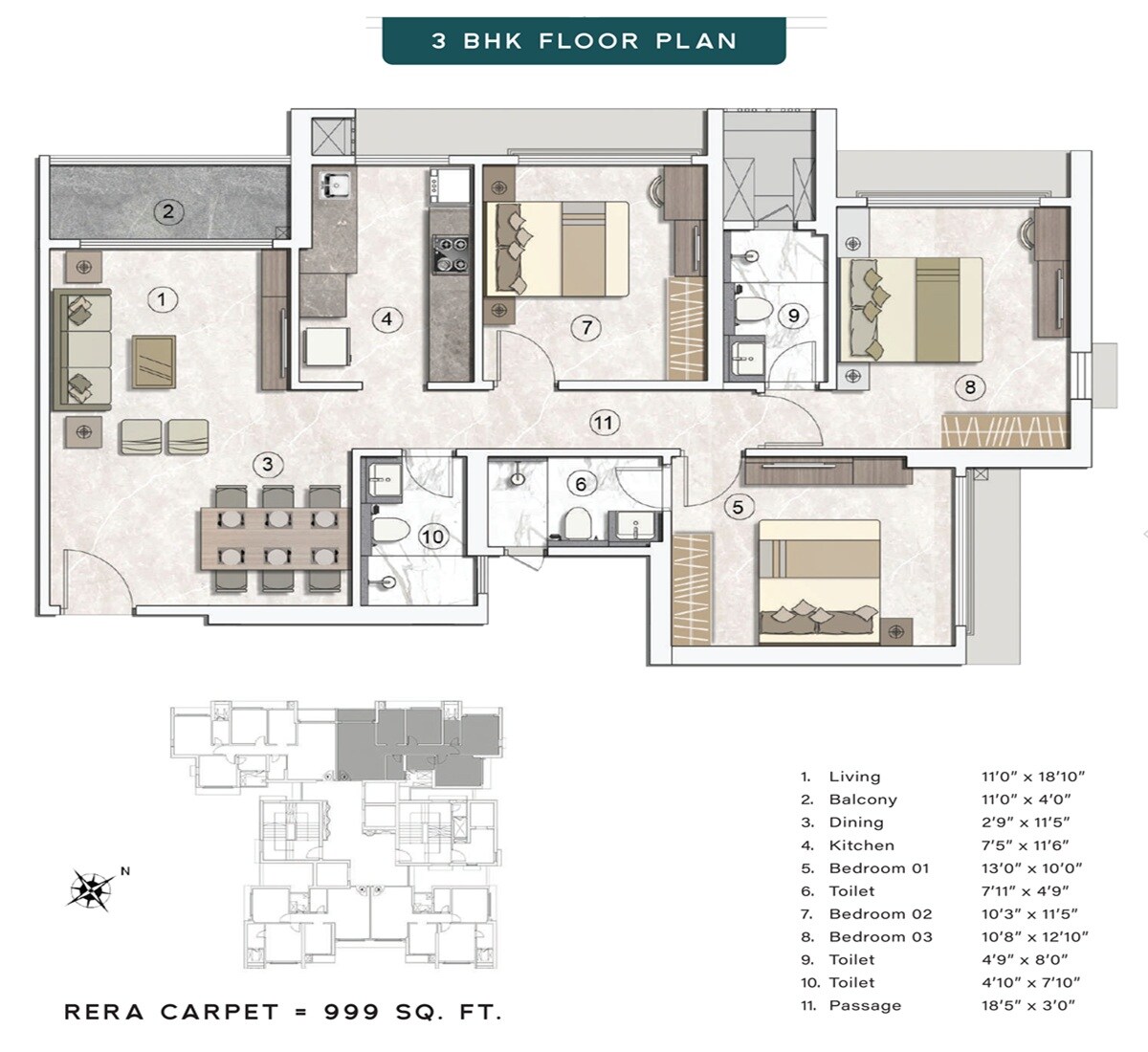 Floor plan of 3 BHK 999 Sq. Ft. Apartment in Princecare Amaraa, Mumbai