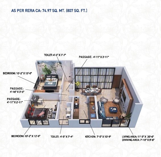 Floor plan of 2 BHK 807 Sq. Ft. Apartment in Princecare Zinnia, Mumbai