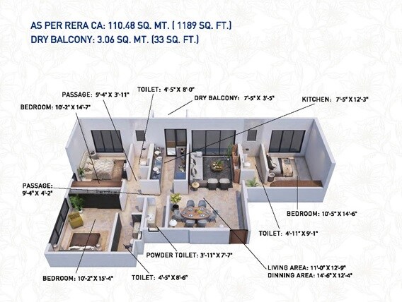 Floor plan of 3 BHK 1189 Sq. Ft. Apartment in Princecare Zinnia, Mumbai