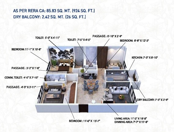 Floor plan of 3 BHK 924 Sq. Ft. Apartment in Princecare Zinnia, Mumbai