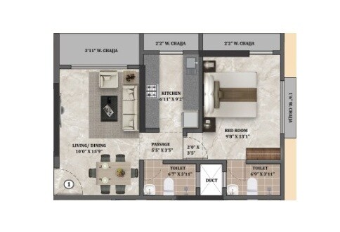Floor plan of 1 BHK 450 Sq. Ft. Apartment in Prithvi Pearl, Mumbai
