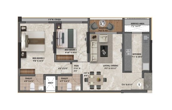 Floor plan of 2 BHK 637 Sq. Ft. Apartment in Prithvi Pearl, Mumbai