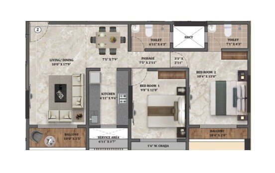 Floor plan of 2 BHK 730 Sq. Ft. Apartment in Prithvi Pearl, Mumbai