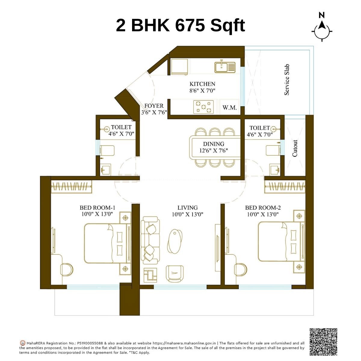 Floor plan of 2 BHK 675 Sq. Ft. Apartment in Promesa Fremont, Mumbai