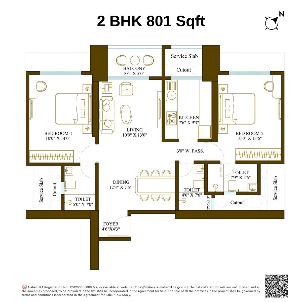Floor plan of 2 BHK 801 Sq. Ft. Apartment in Promesa Fremont, Mumbai