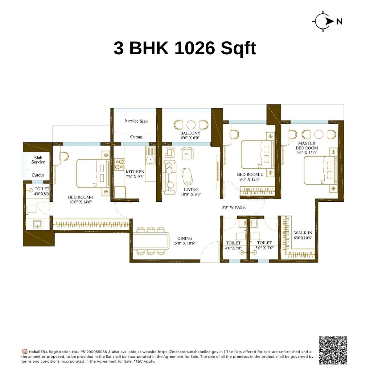 Floor plan of 3 BHK 1026 Sq. Ft. Apartment in Promesa Fremont, Mumbai