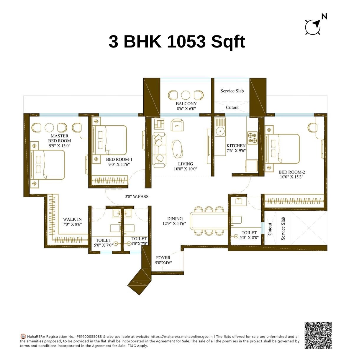 Floor plan of 3 BHK 1053 Sq. Ft. Apartment in Promesa Fremont, Mumbai