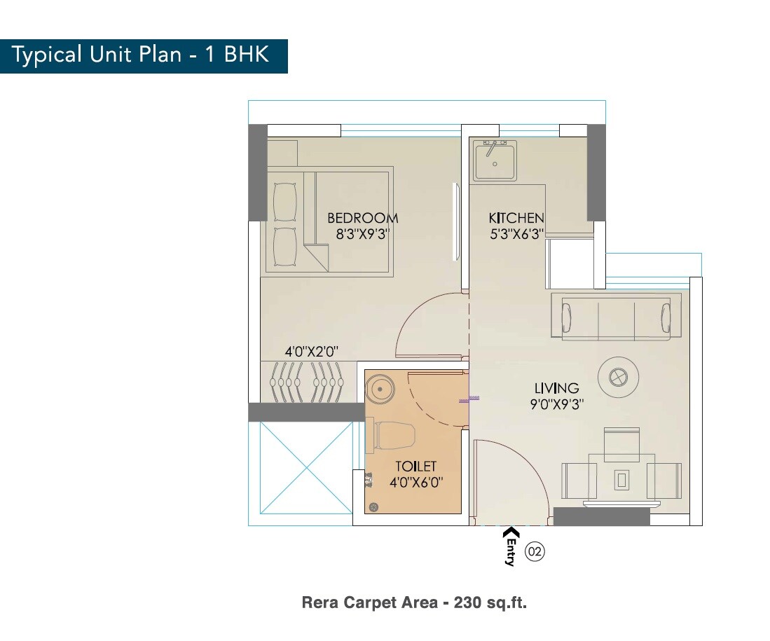Floor plan of 1 BHK 230 Sq. Ft. Apartment in Promesa Midtown, Mumbai