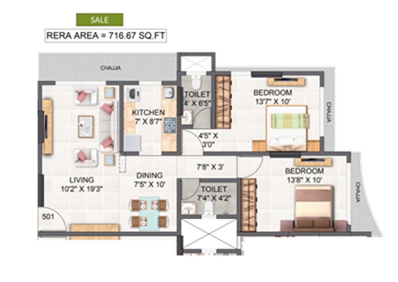 Floor plan of 2 BHK 717 Sq. Ft. Apartment in Pruthvi Ashakiran, Mumbai