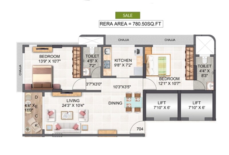 Floor plan of 2 BHK 780 Sq. Ft. Apartment in Pruthvi Ashakiran, Mumbai