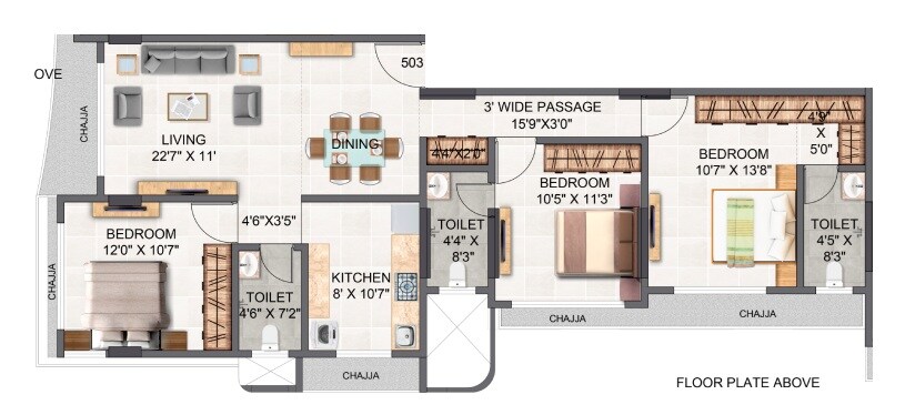 Floor plan of 3 BHK 1089 Sq. Ft. Apartment in Pruthvi Ashakiran, Mumbai