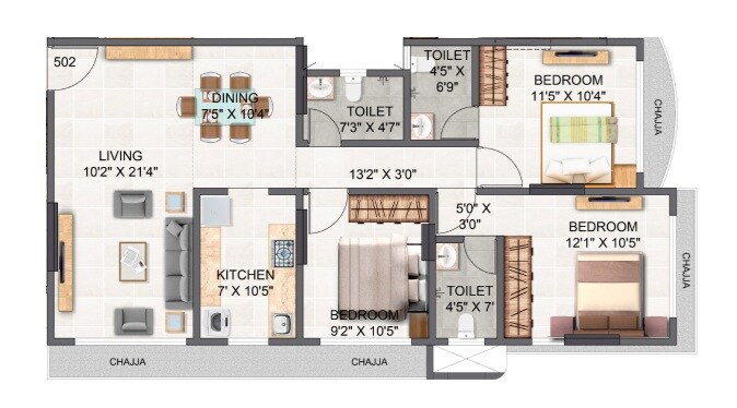Floor plan of 3 BHK 888 Sq. Ft. Apartment in Pruthvi Ashakiran, Mumbai