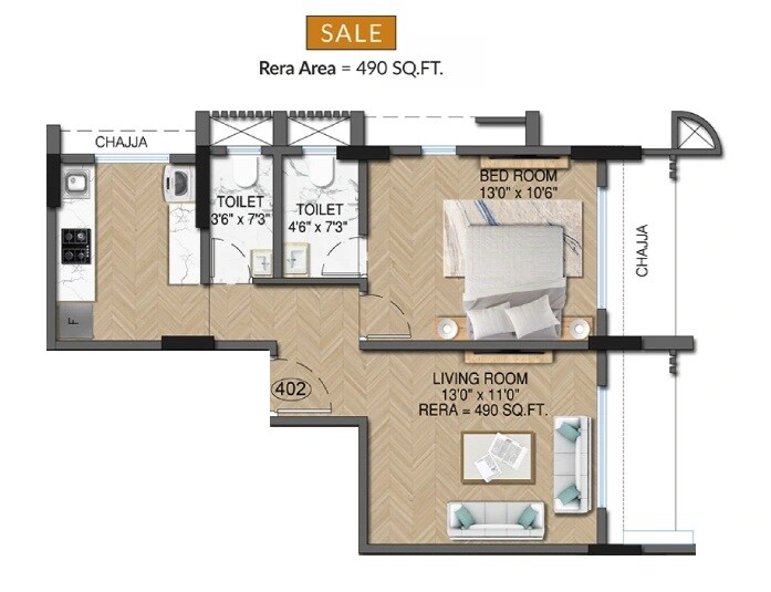 1 BHK 490 Sq. Ft. Apartment