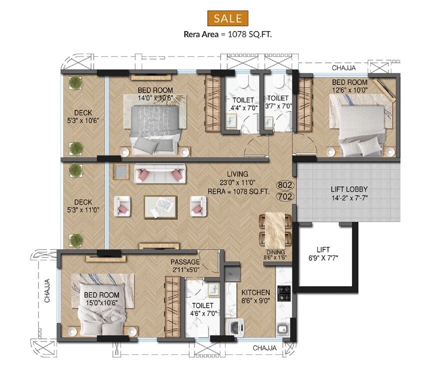 Floor plan of 3 BHK 1078 Sq. Ft. Apartment in Pruthvi Aura, Mumbai