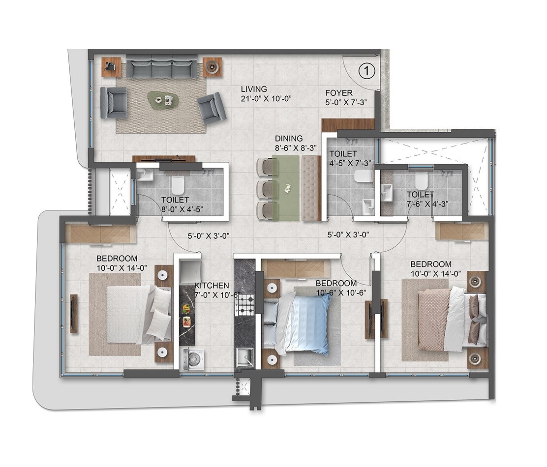Floor plan of 3 BHK 1180 Sq. Ft. Apartment in Pruthvi Park View, Mumbai