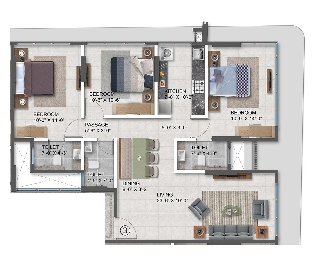 Floor plan of 3 BHK 942 Sq. Ft. Apartment in Pruthvi Park View, Mumbai