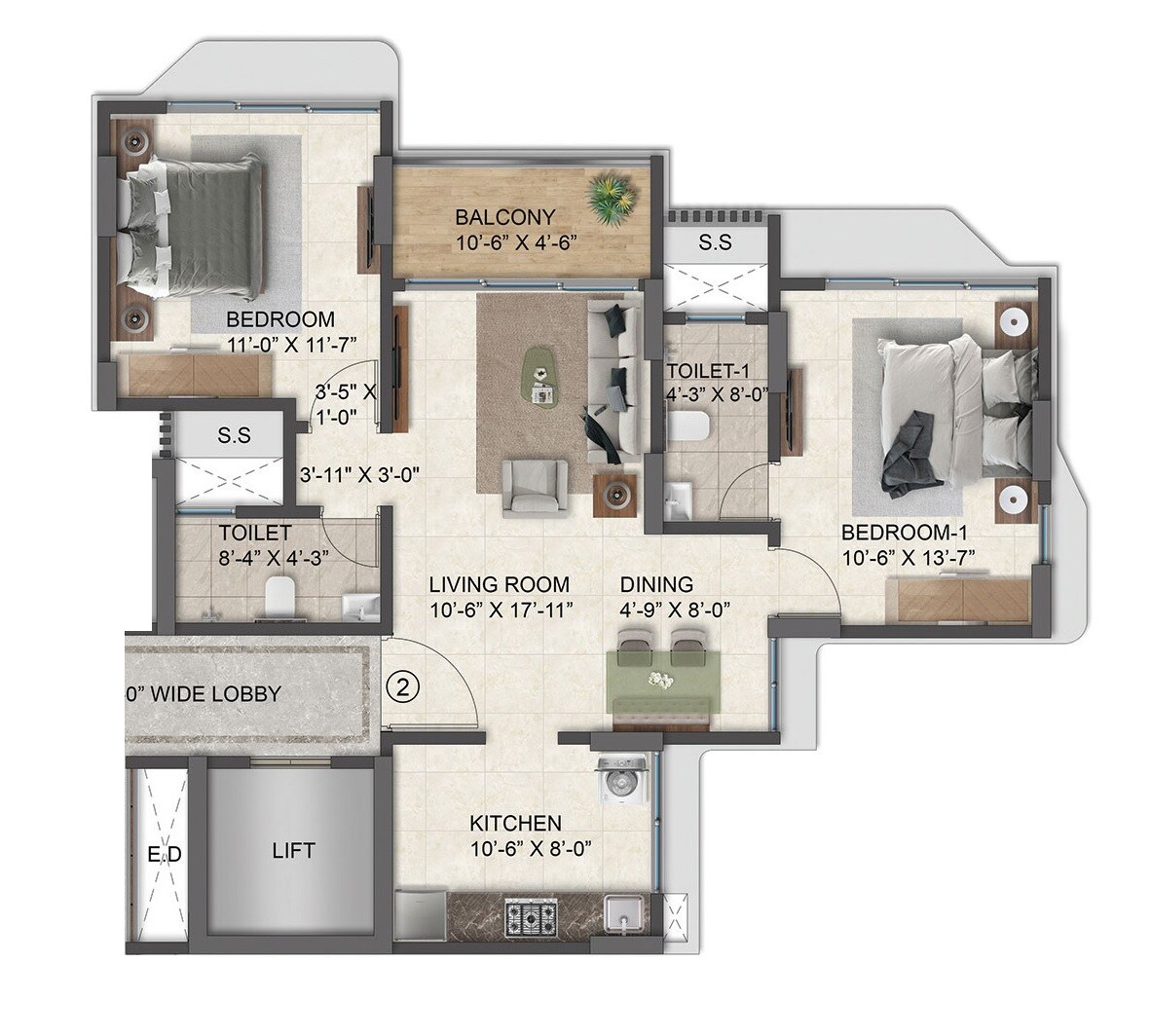 Floor plan of 2 BHK 749 Sq. Ft. Apartment in Pruthvi Pushpanjali, Mumbai