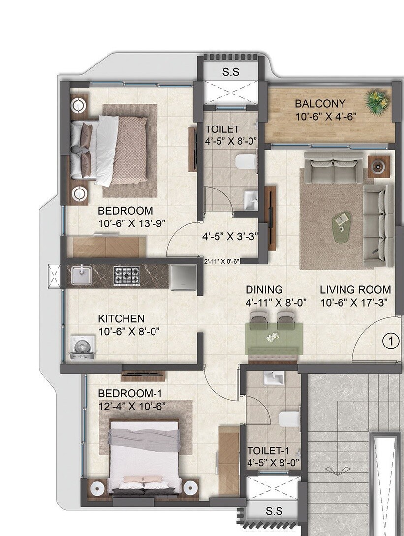 Floor plan of 2 BHK 756 Sq. Ft. Apartment in Pruthvi Pushpanjali, Mumbai