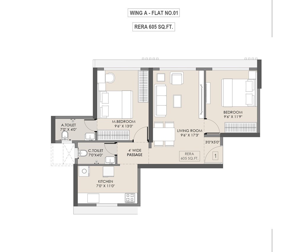 Floor plan of 2 BHK 605 Sq. Ft. Apartment in PSK Aura, Mumbai