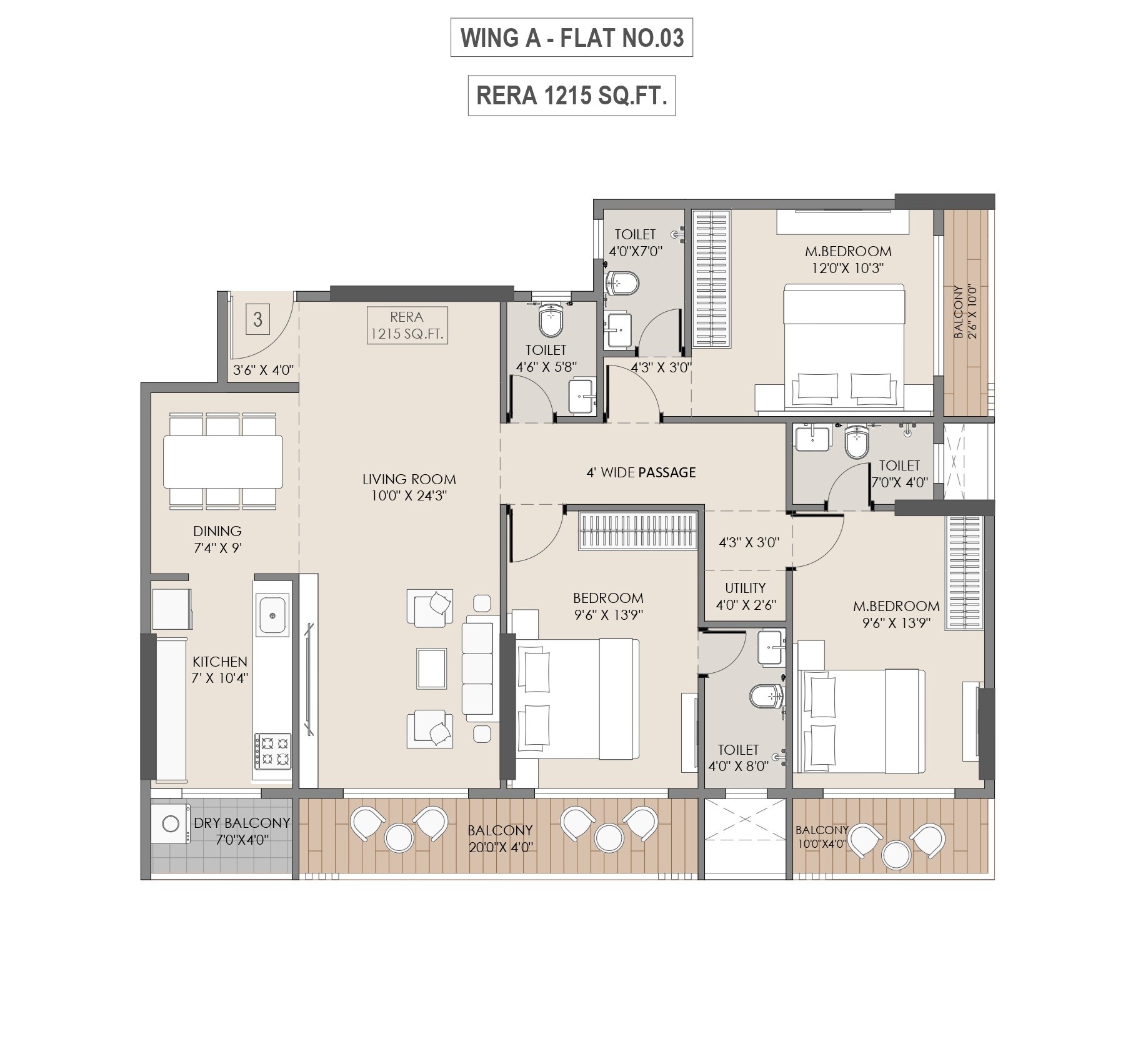 Floor plan of 3 BHK 1230 Sq. Ft. Apartment in PSK Aura, Mumbai