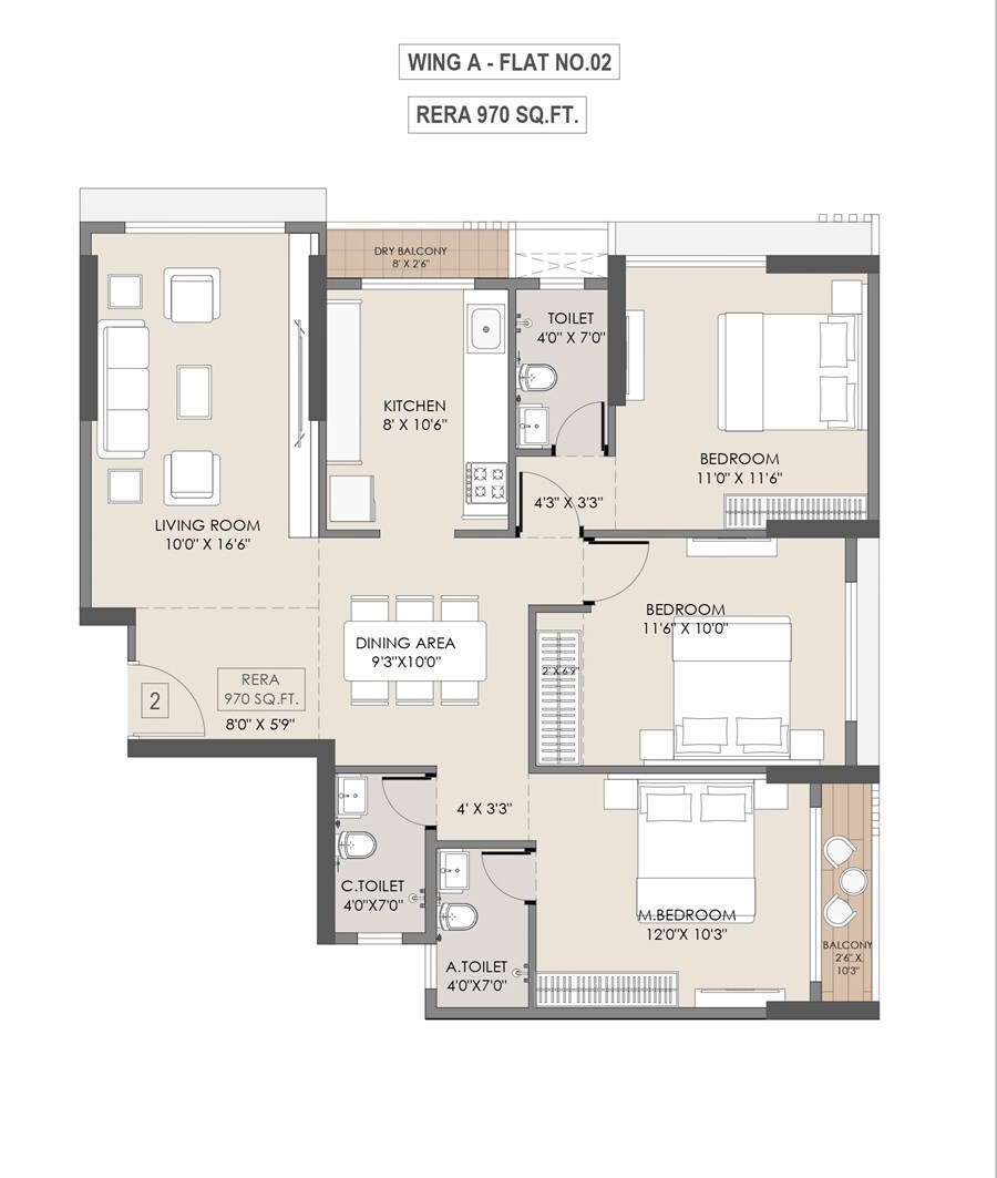 Floor plan of 3 BHK 975 Sq. Ft. Apartment in PSK Aura, Mumbai