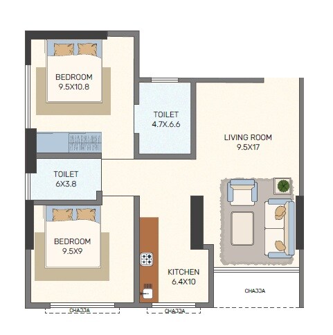 Floor plan of 2 BHK 509 Sq. Ft. Apartment in Puneet Allure, Mumbai