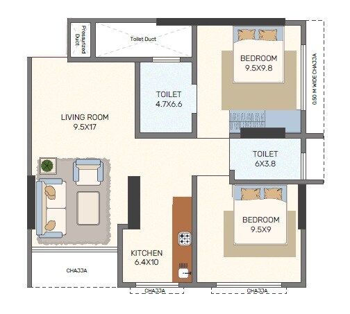 2 BHK 627 Sq. Ft. Apartment