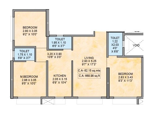 3 BHK 668 Sq. Ft. Apartment