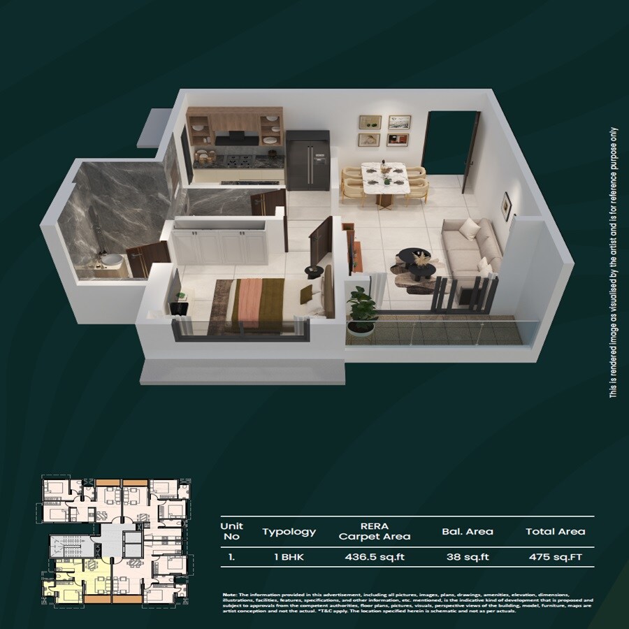 Floor plan of 1 BHK 475 Sq. Ft. Apartment in Puneet Aura, Mumbai