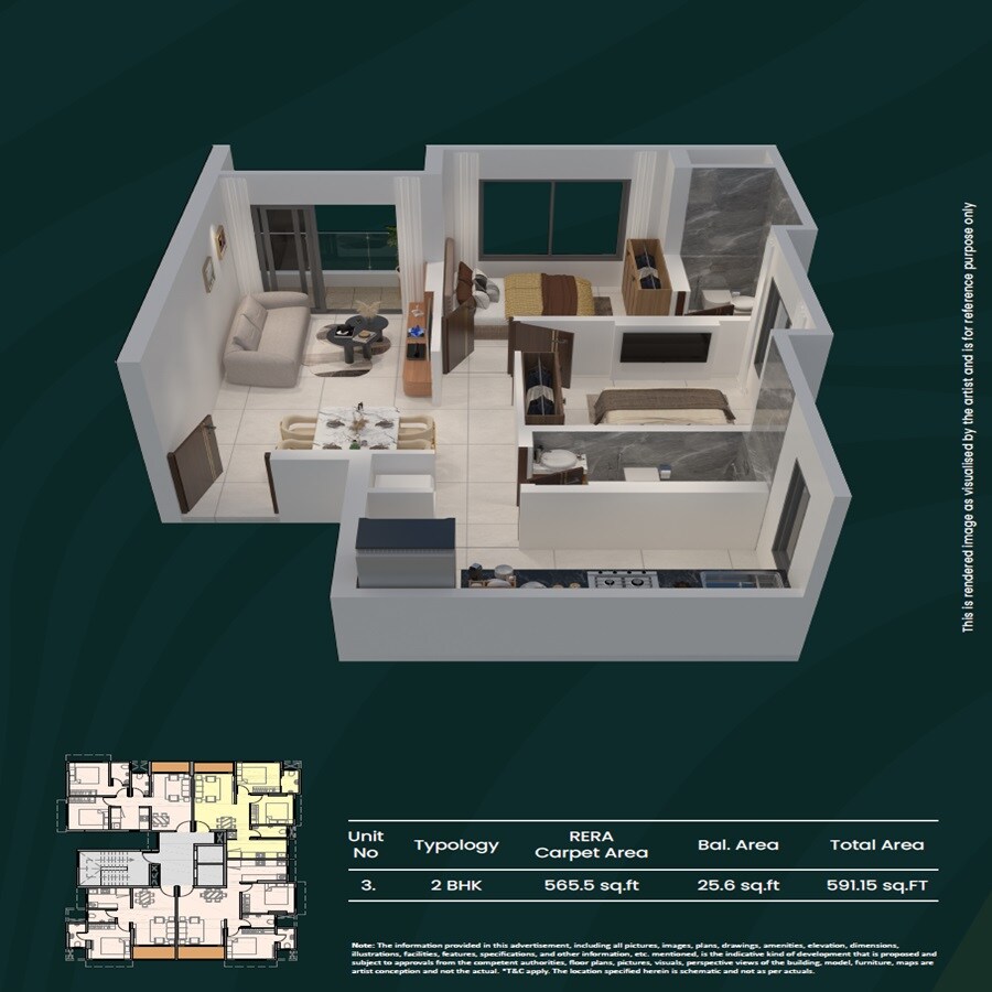 Floor plan of 2 BHK 591 Sq. Ft. Apartment in Puneet Aura, Mumbai