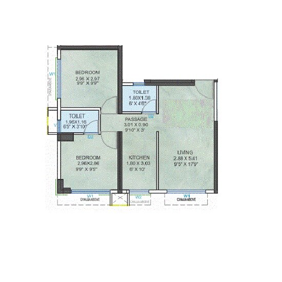 Floor plan of 2 BHK 584 Sq. Ft. Apartment in Puneet Brahmand, Mumbai