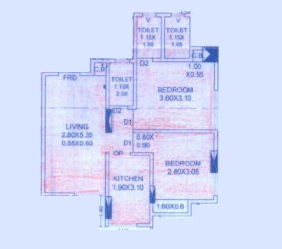 Floor plan of 2 BHK 570 Sq. Ft. Apartment in Puneet Prime, Mumbai