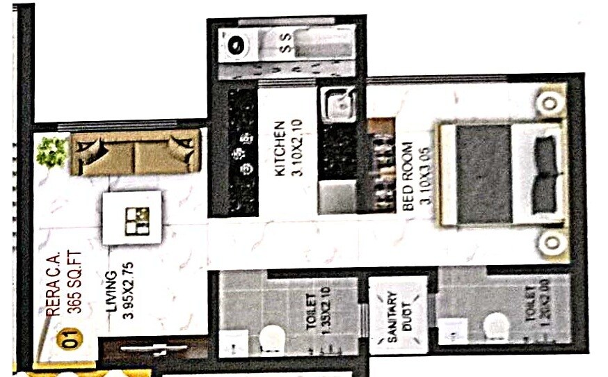 Floor plan of 1 BHK 365 Sq. Ft. Apartment in Puro Heights, Mumbai