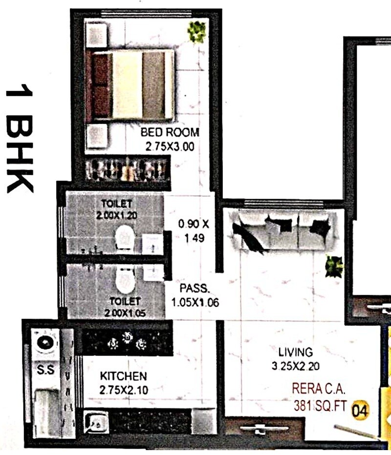 Floor plan of 1 BHK 381 Sq. Ft. Apartment in Puro Heights, Mumbai