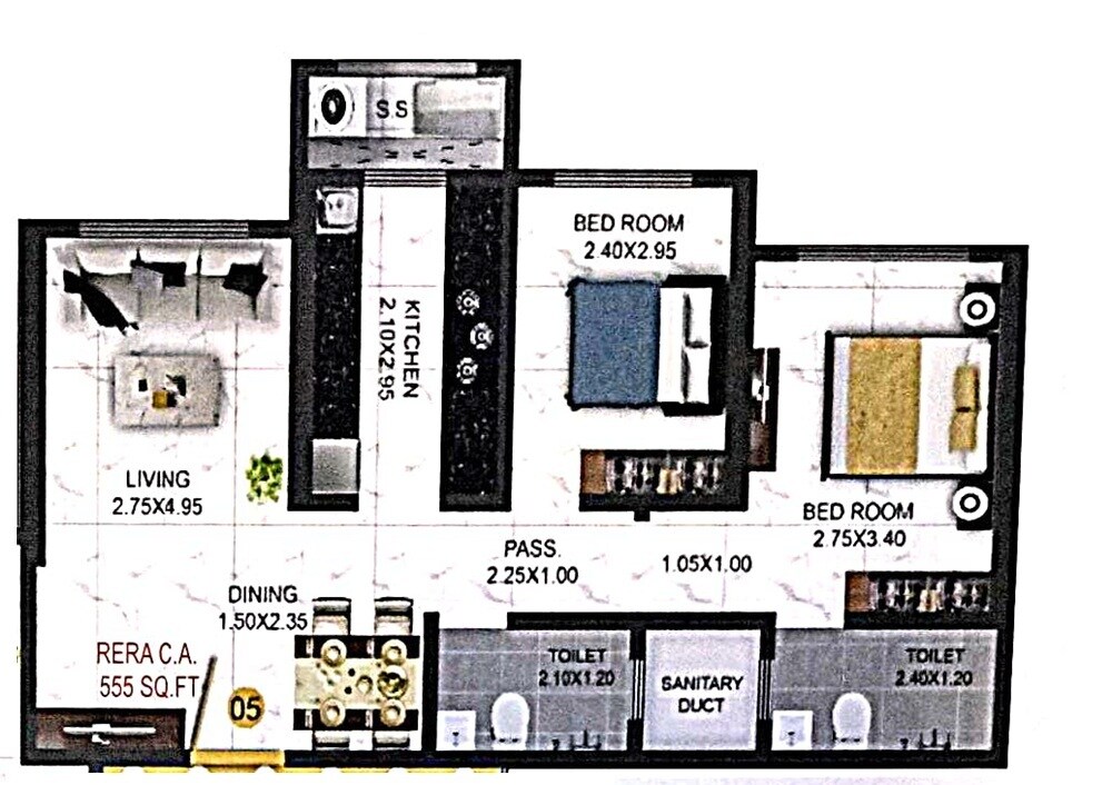 Floor plan of 2 BHK 555 Sq. Ft. Apartment in Puro Heights, Mumbai