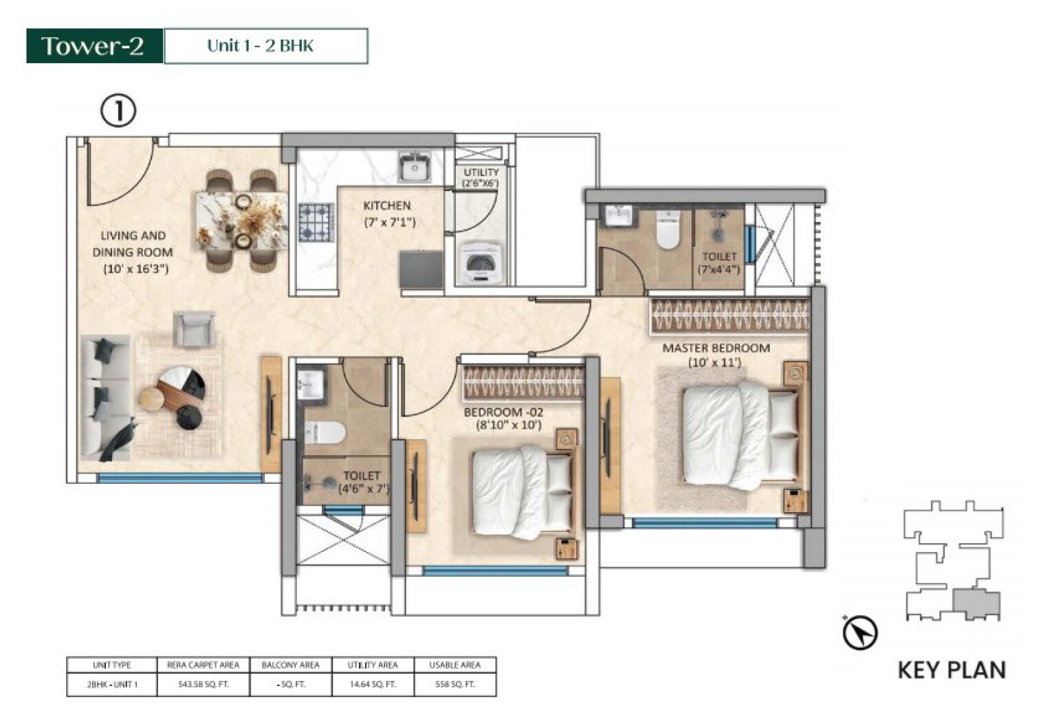 Floor plan of 2 BHK 543 Sq. Ft. Apartment in Purva Estrella, Mumbai
