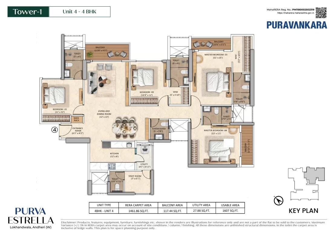 Floor plan of 4 BHK 1462 Sq. Ft. Apartment in Purva Estrella, Mumbai