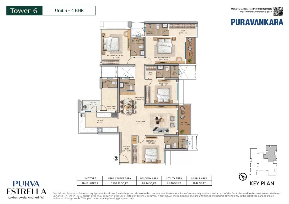 Floor plan of 4 BHK 1530 Sq. Ft. Apartment in Purva Estrella, Mumbai
