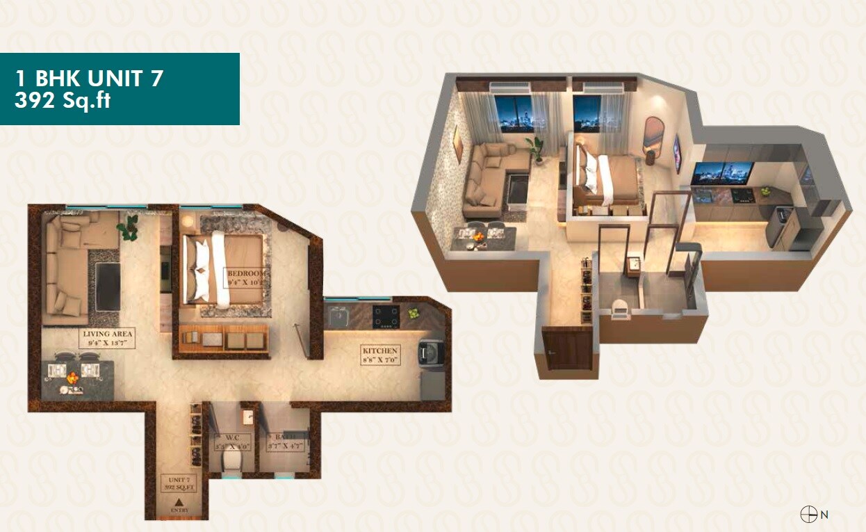 Floor plan of 1 BHK 392 Sq. Ft. Apartment in Quba Blue Ocean, Mumbai