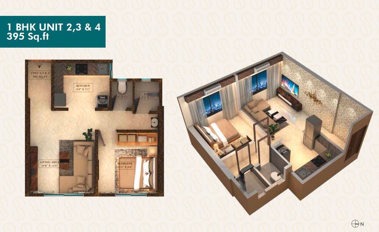 Floor plan of 1 BHK 395 Sq. Ft. Apartment in Quba Blue Ocean, Mumbai