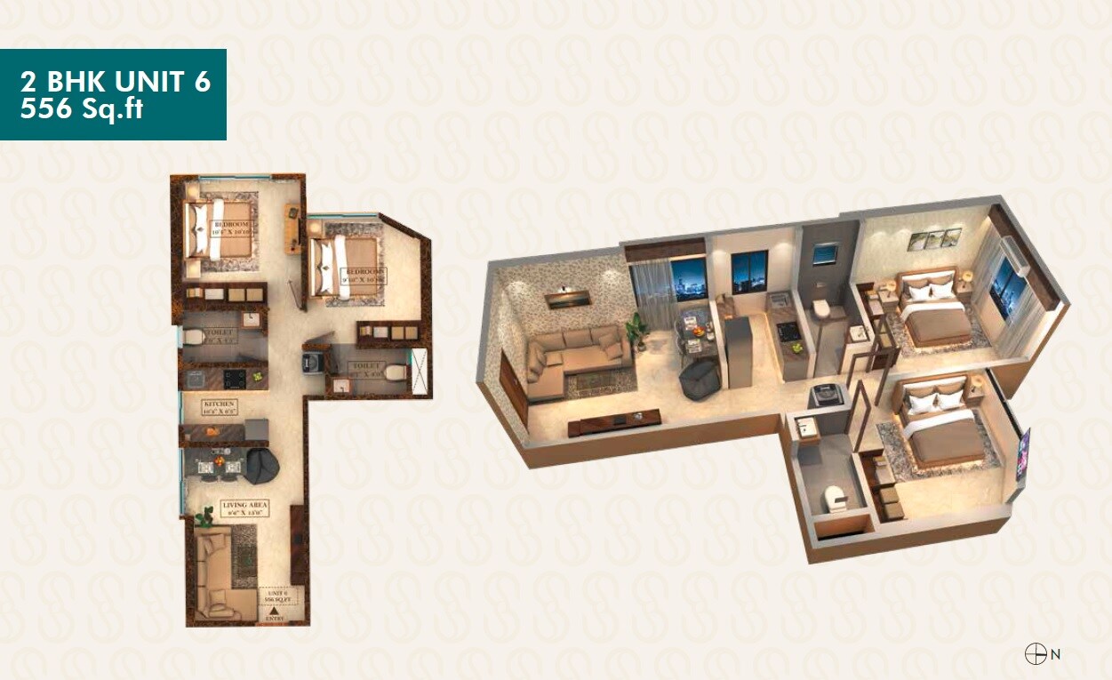 Floor plan of 2 BHK 556 Sq. Ft. Apartment in Quba Blue Ocean, Mumbai